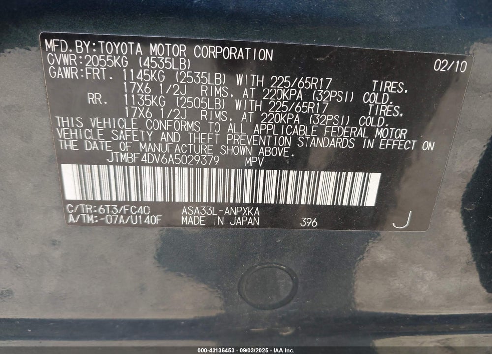 2010 TOYOTA RAV4 VIN: JTMBF4DV6A5029379
