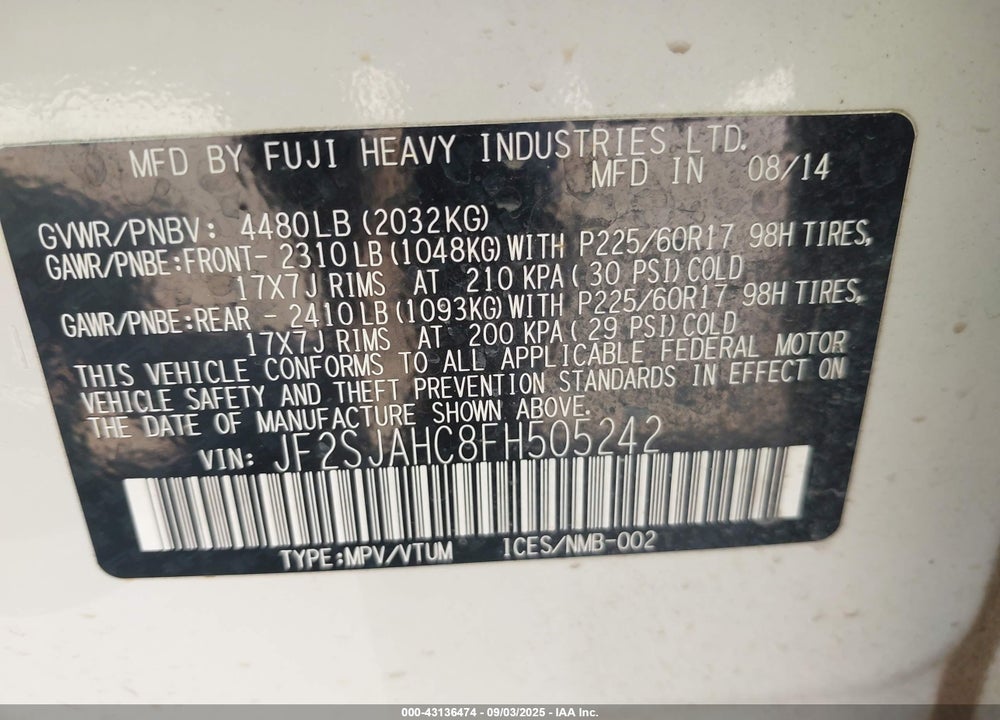2015 SUBARU FORESTER VIN: JF2SJAHC8FH505242