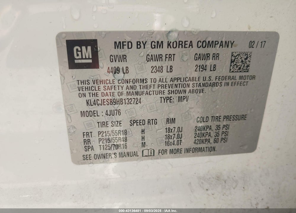 2017 BUICK ENCORE VIN: KL4CJESB9HB132724