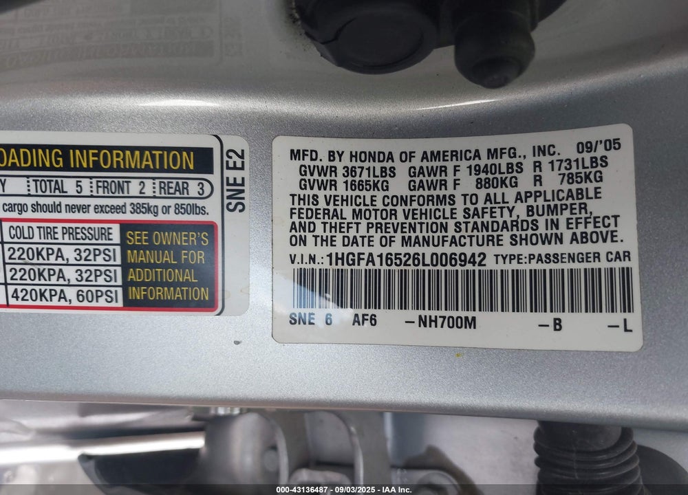 2006 HONDA CIVIC VIN: 1HGFA16526L006942