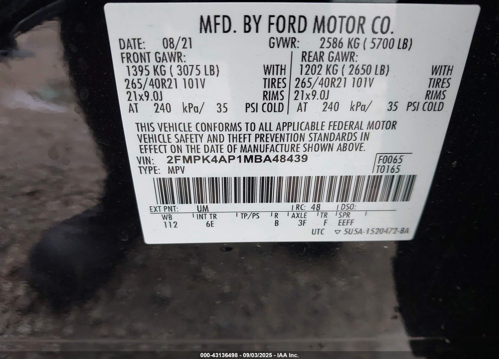 2021 FORD EDGE VIN: 2FMPK4AP1MBA48439