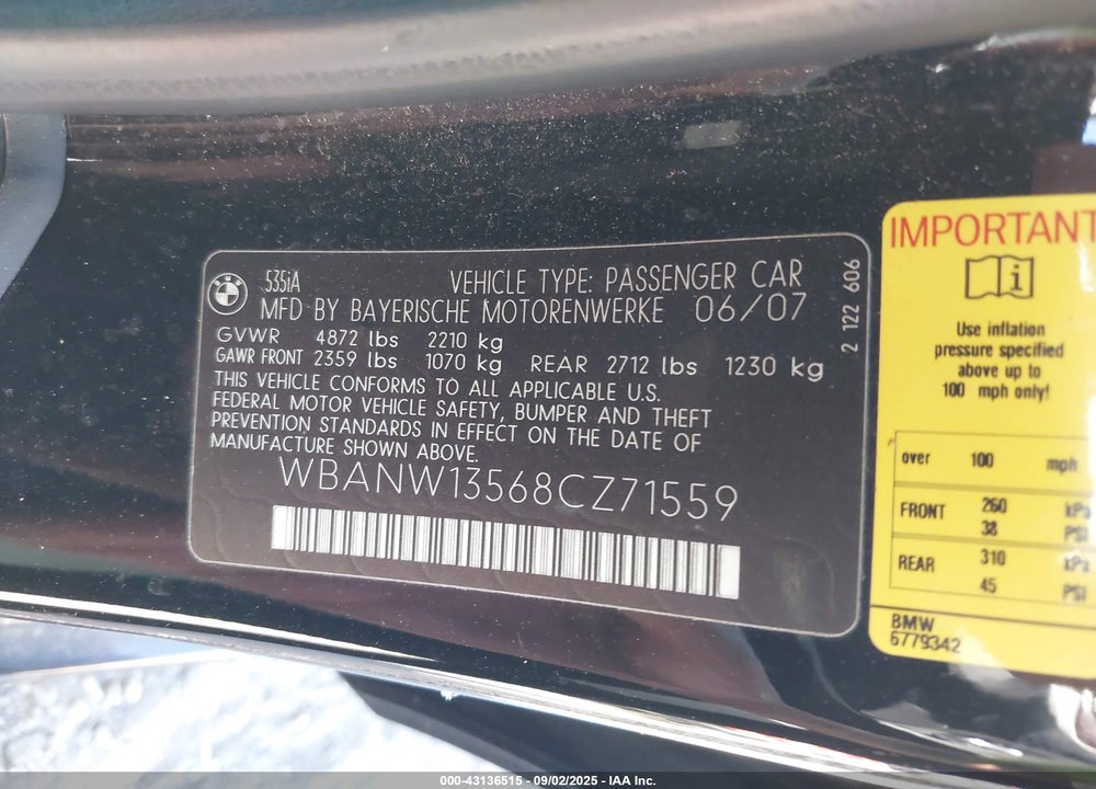 2008 BMW 535I VIN: WBANW13568CZ71559