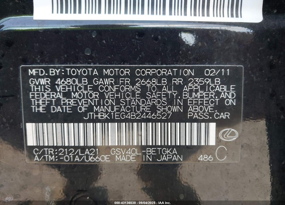 2011 LEXUS ES 350 VIN: JTHBK1EG4B2446527