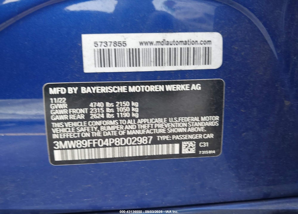 2023 BMW 3 SERIES VIN: 3MW89FF04P8D02987