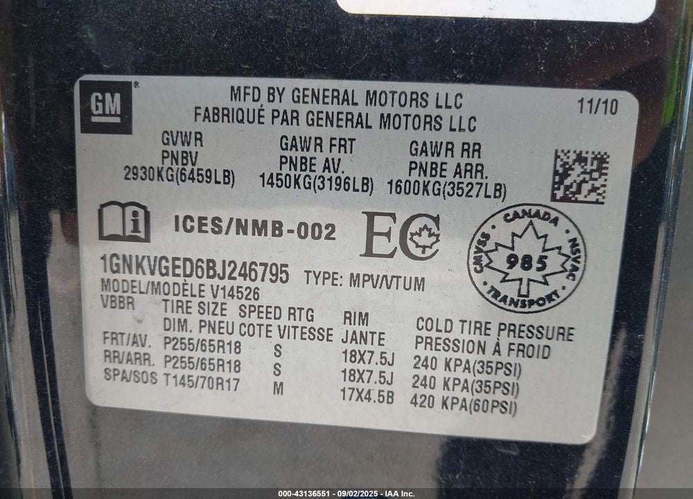 2011 CHEVROLET TRAVERSE VIN: 1GNKVGED6BJ246795
