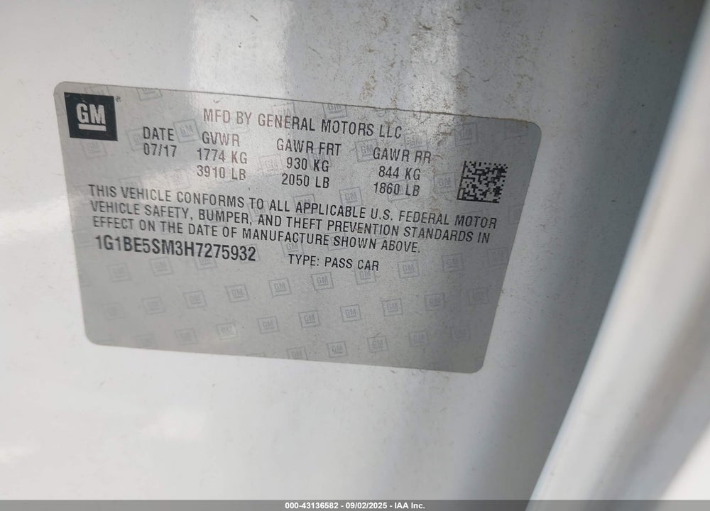 2017 CHEVROLET CRUZE VIN: 1G1BE5SM3H7275932