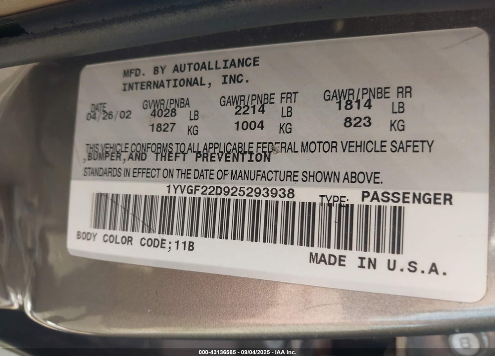 2002 MAZDA 626 ES V6/LX V6 VIN: 1YVGF22D925293938