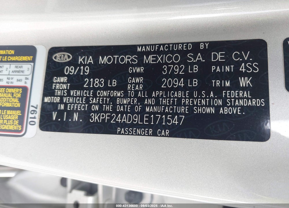 2020 KIA FORTE LXS VIN: 3KPF24AD9LE171547