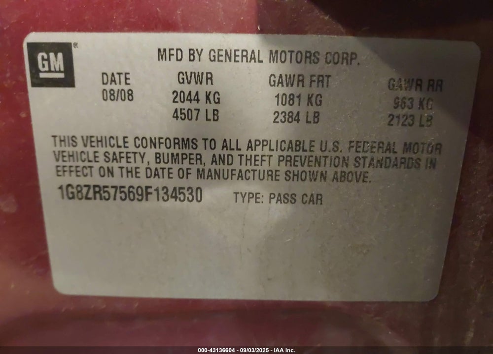 2009 SATURN AURA VIN: 1G8ZR57569F134530