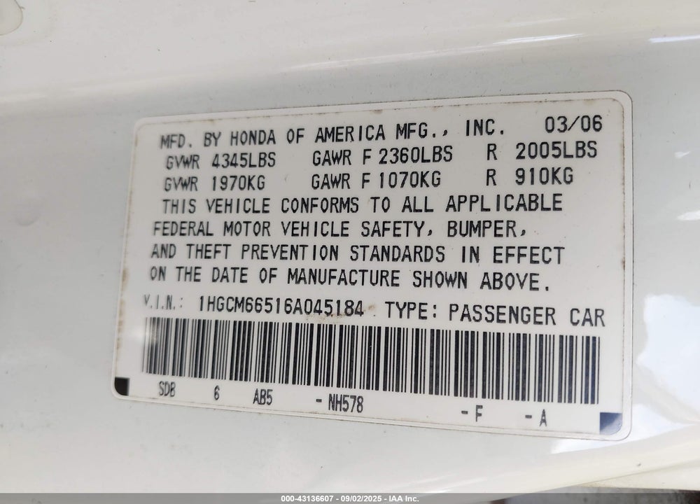 2006 HONDA ACCORD VIN: 1HGCM66516A045184
