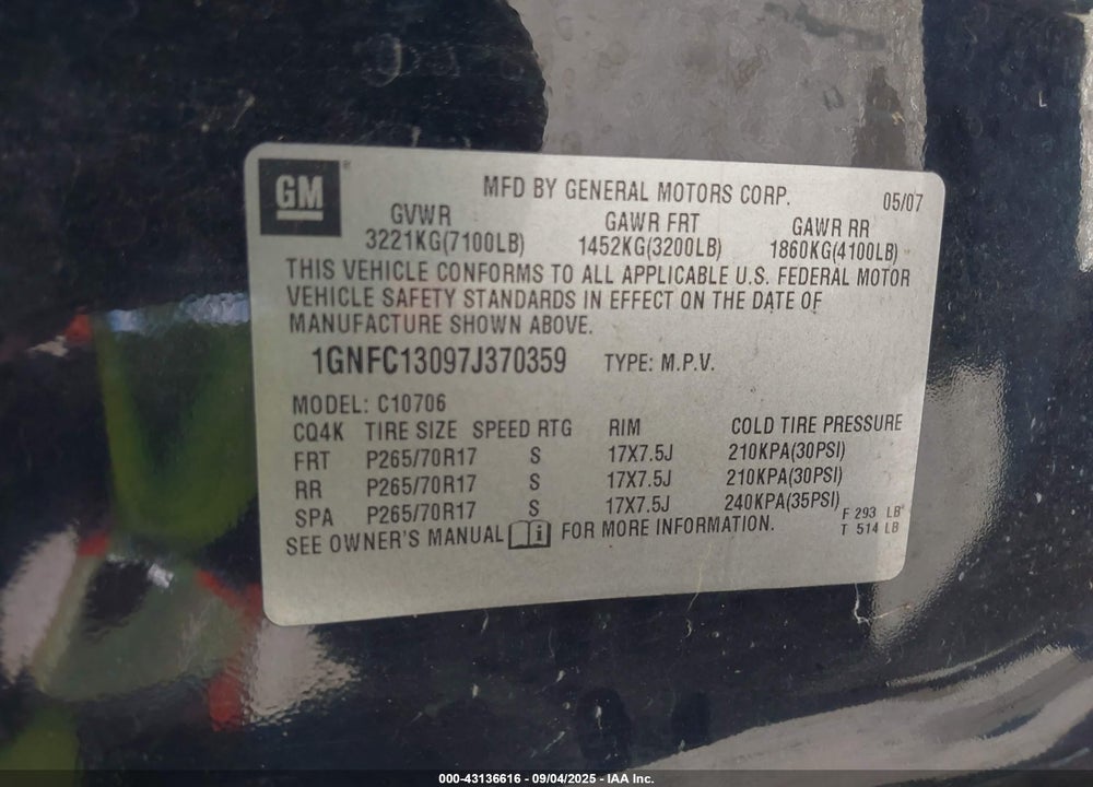 2007 CHEVROLET TAHOE LT VIN: 1GNFC13097J370359