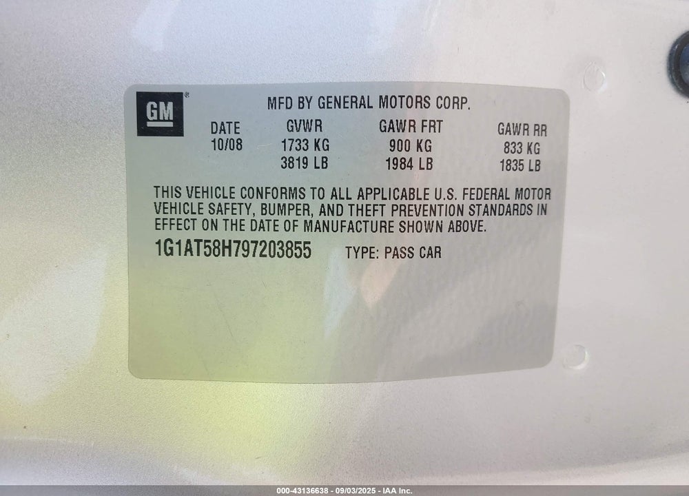 2009 CHEVROLET COBALT VIN: 1G1AT58H797203855