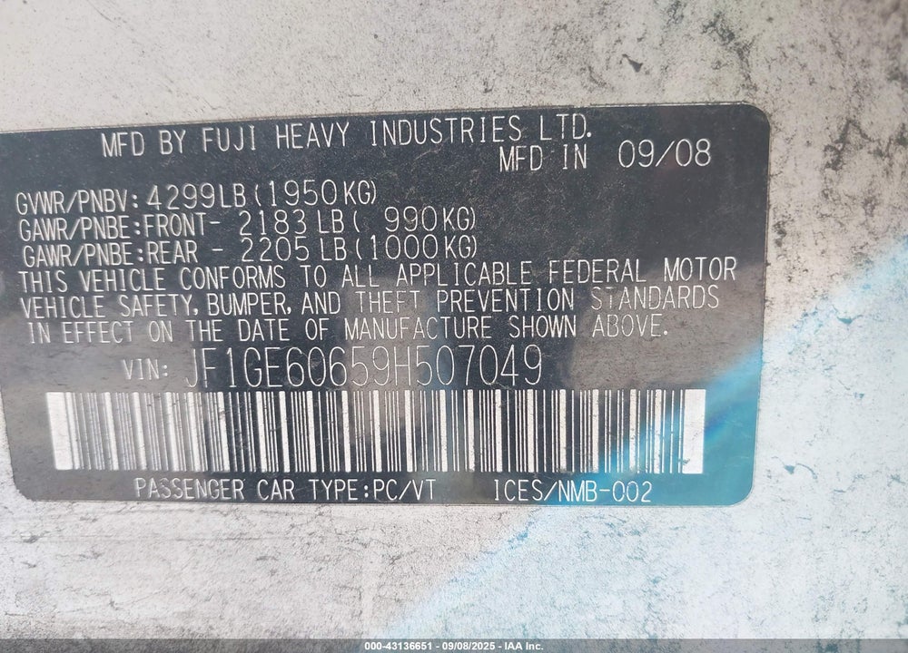 2009 SUBARU IMPREZA VIN: JF1GE60659H507049