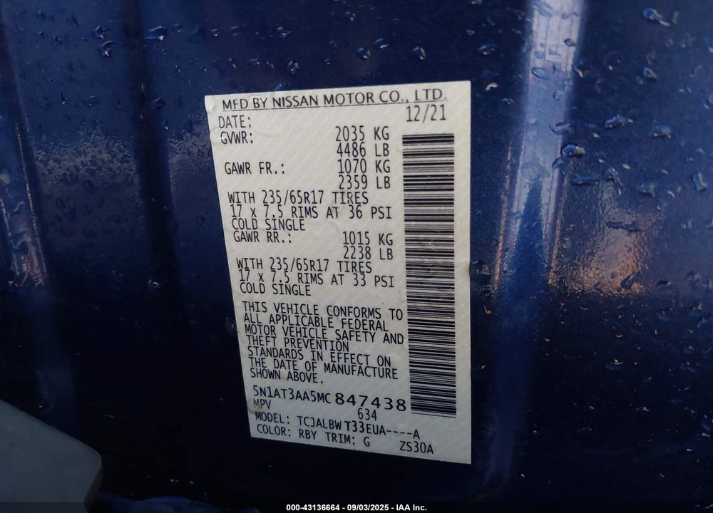 2021 NISSAN ROGUE S FWD VIN: 5N1AT3AA5MC847438