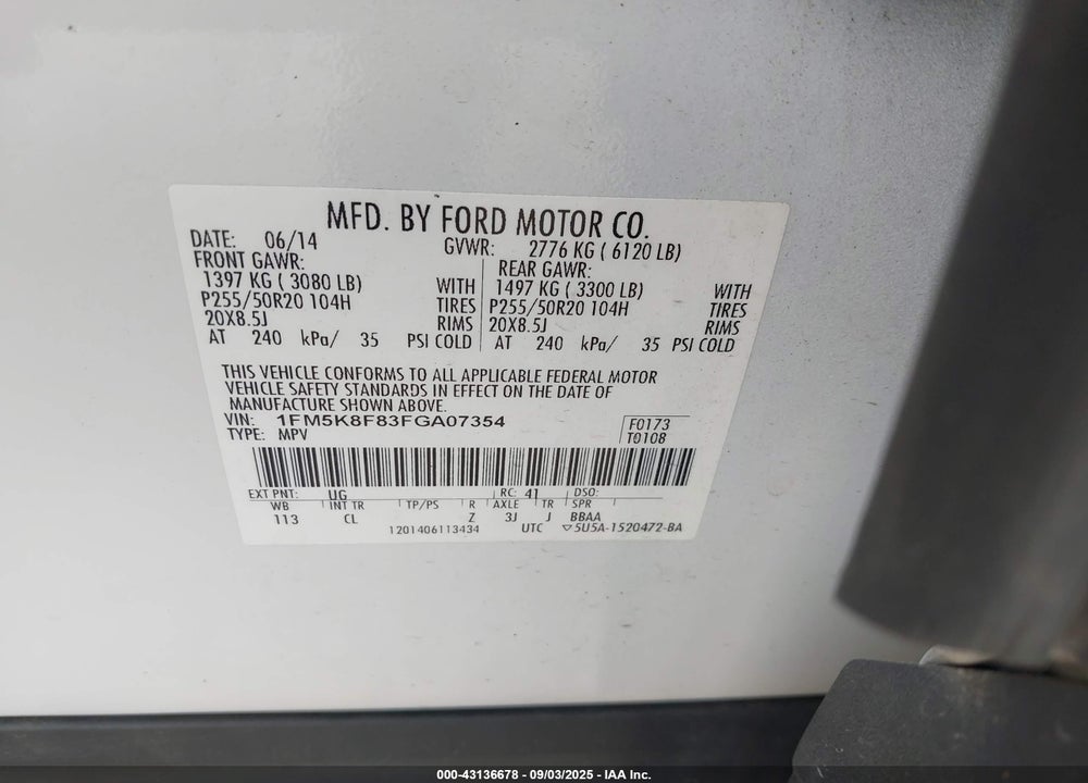 2015 FORD EXPLORER VIN: 1FM5K8F83FGA07354