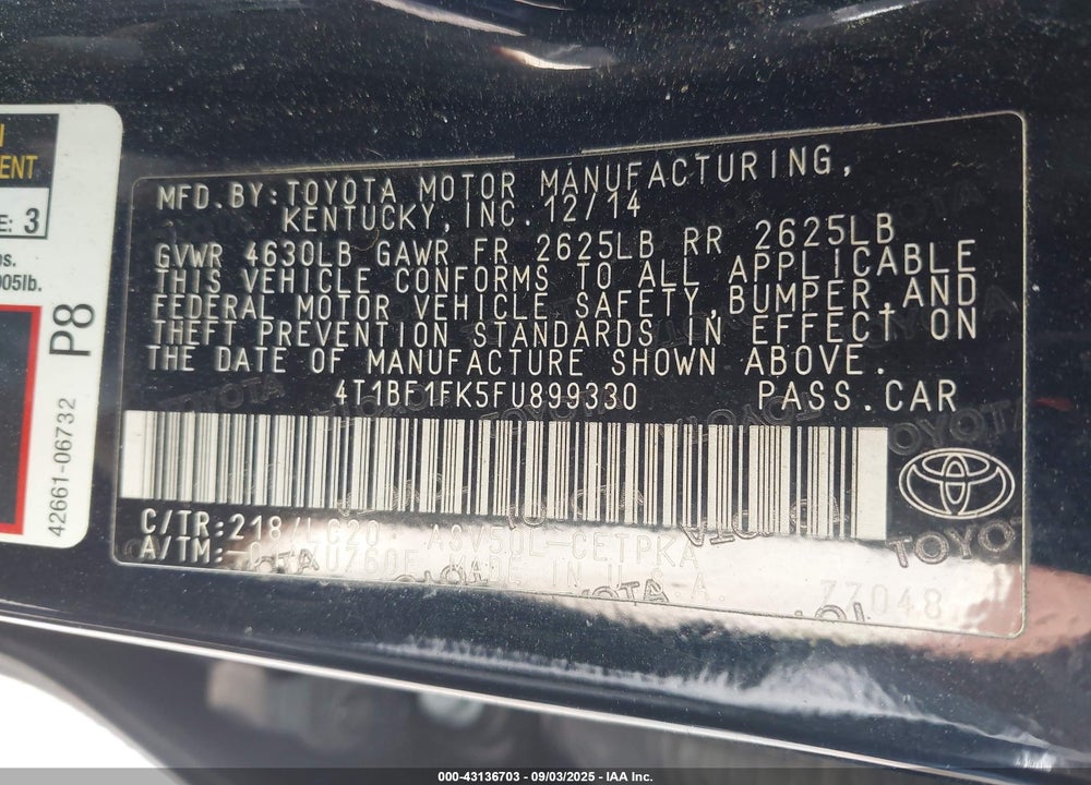 2015 TOYOTA CAMRY VIN: 4T1BF1FK5FU899330