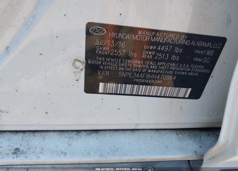 2017 HYUNDAI SONATA VIN: 5NPE34AF8HH470864
