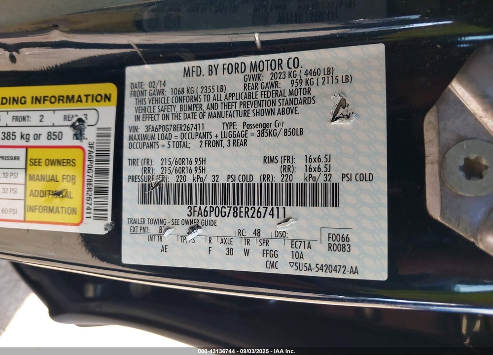 2014 FORD FUSION VIN: 3FA6P0G78ER267411