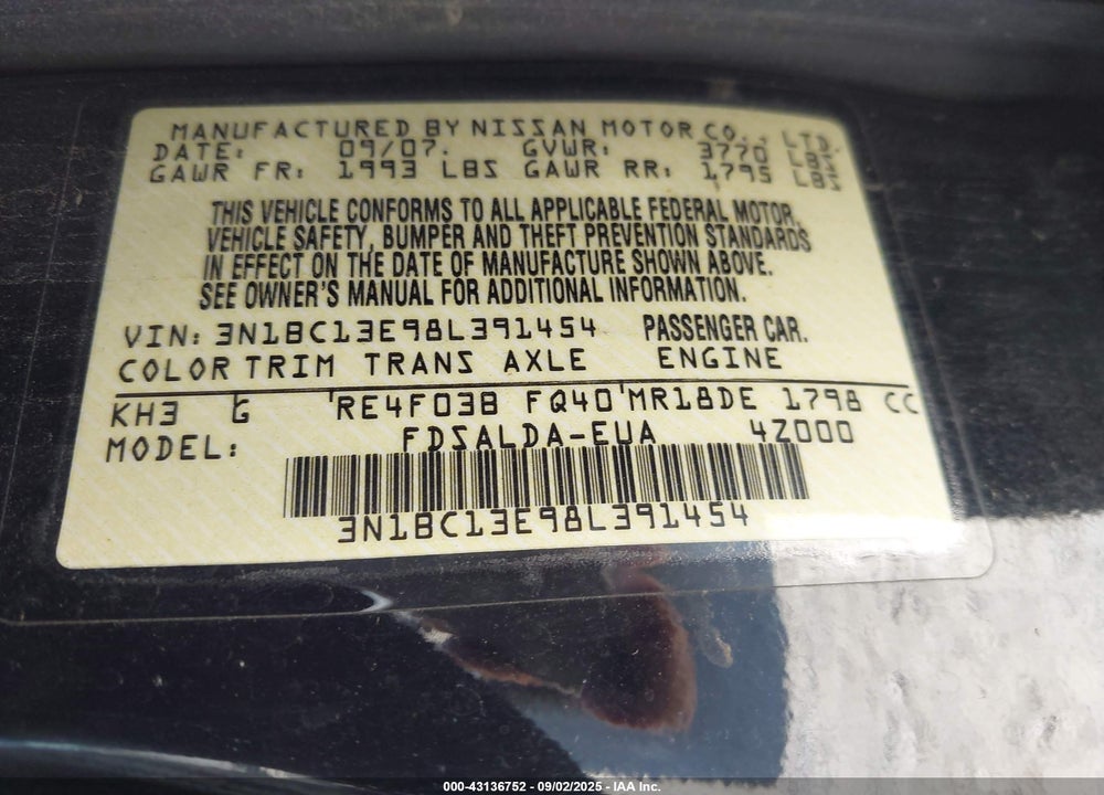2008 NISSAN VERSA 1.8S VIN: 3N1BC13E98L391454
