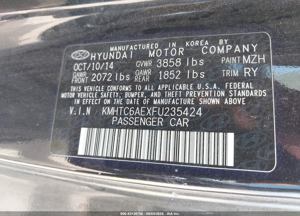 2015 HYUNDAI VELOSTER TURBO VIN: KMHTC6AEXFU235424