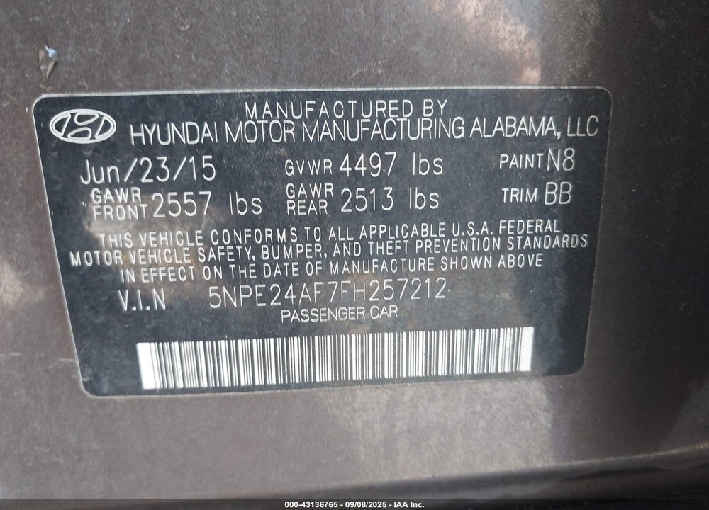 2015 HYUNDAI SONATA SE VIN: 5NPE24AF7FH257212