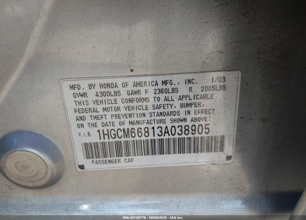 2003 HONDA ACCORD 3.0 EX VIN: 1HGCM66813A038905