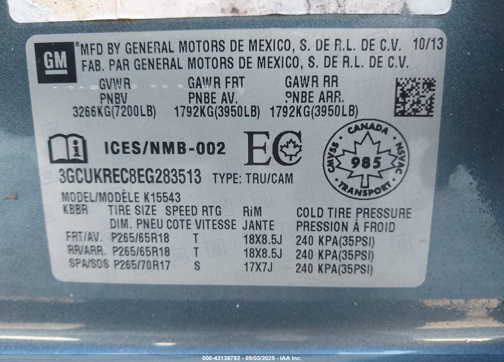 2014 CHEVROLET SILVERADO 1500 VIN: 3GCUKREC8EG283513