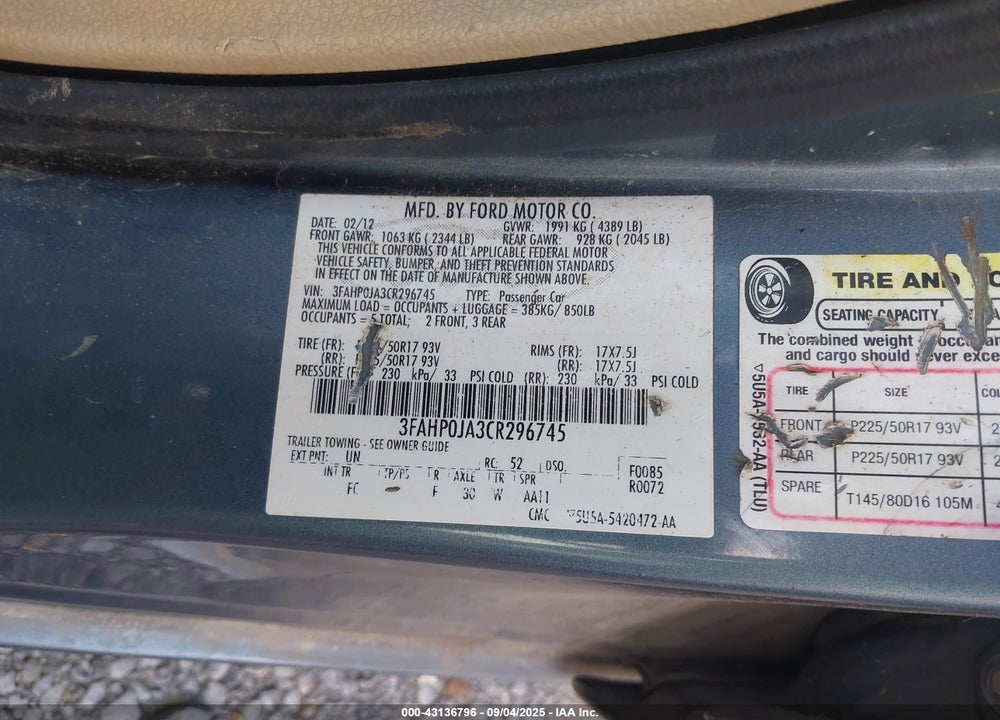 2012 FORD FUSION VIN: 3FAHP0JA3CR296745