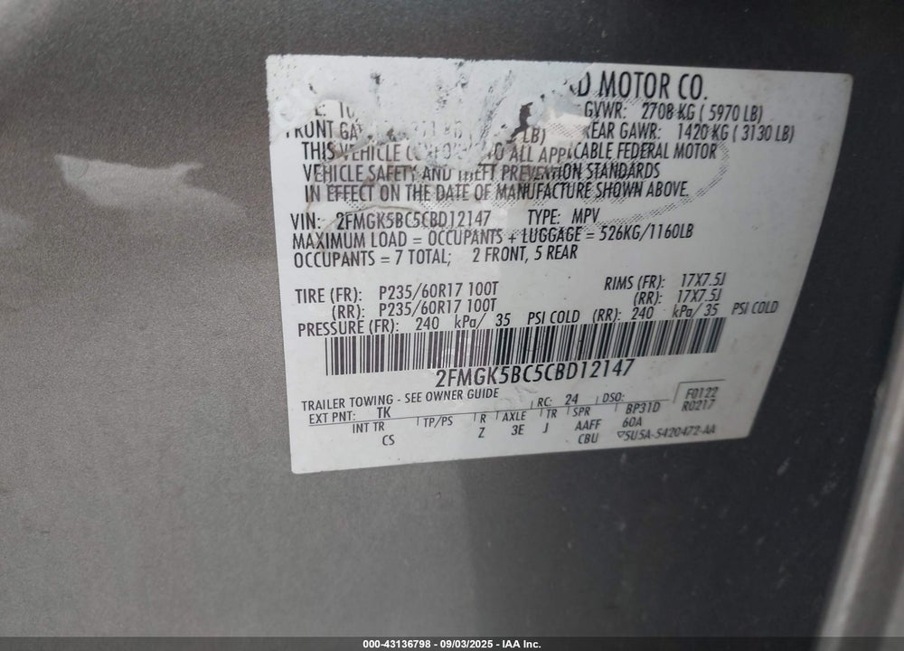 2012 FORD FLEX VIN: 2FMGK5BC5CBD12147