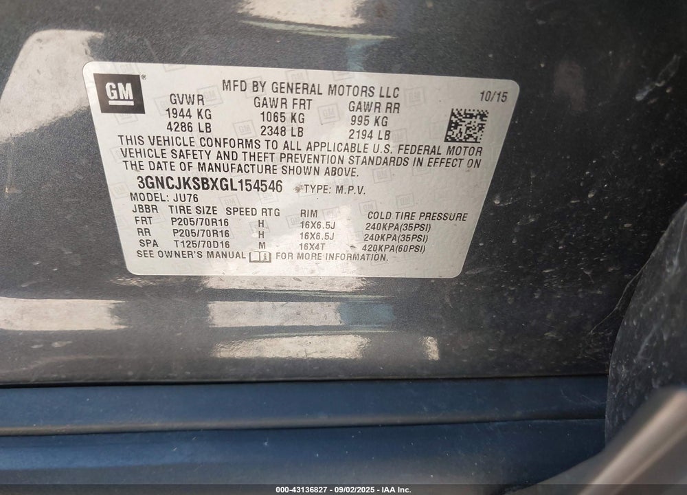 2016 CHEVROLET TRAX VIN: 3GNCJKSBXGL154546