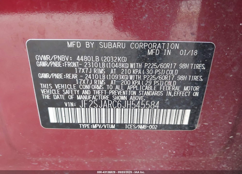 2018 SUBARU FORESTER VIN: JF2SJARC6JH545584