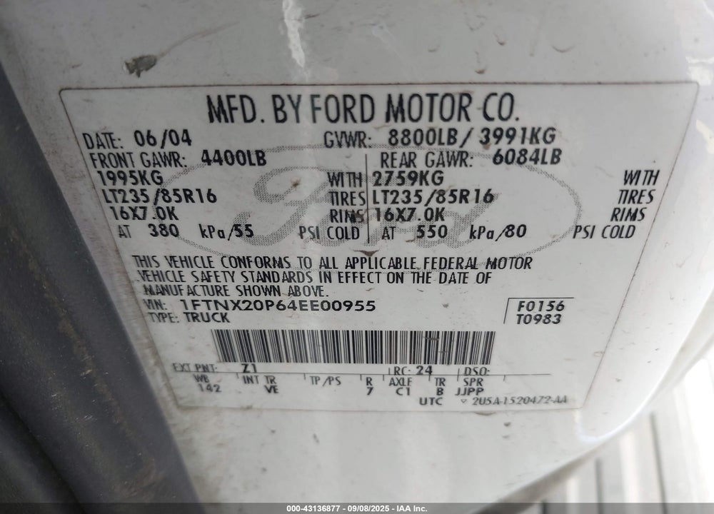 2004 FORD F-250 LARIAT/XL/XLT VIN: 1FTNX20P64EE00955