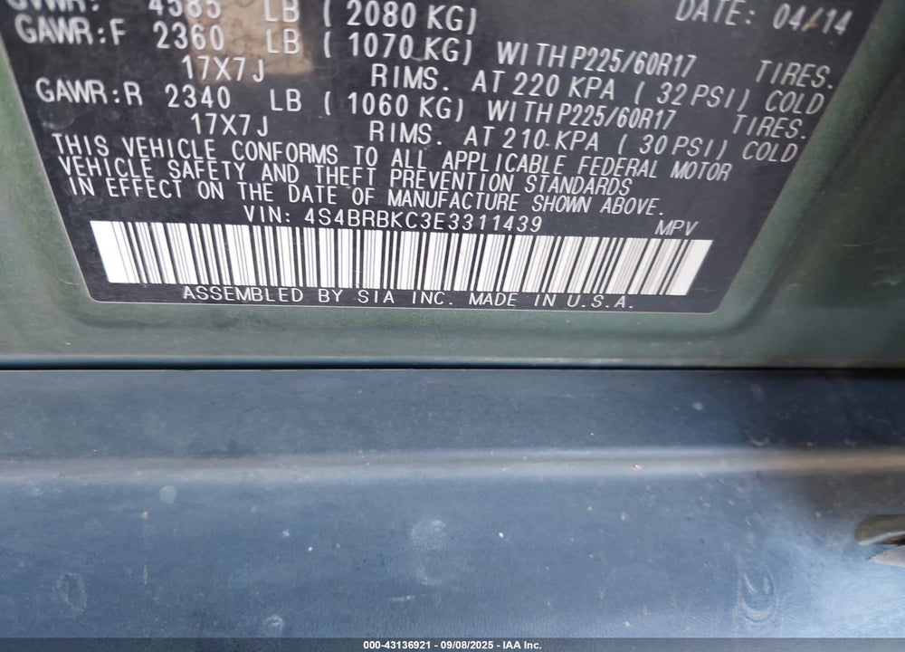 2014 SUBARU OUTBACK 2.5I LIMITED VIN: 4S4BRBKC3E3311439