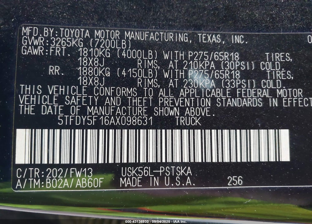 2010 TOYOTA TUNDRA VIN: 5TFDY5F16AX098631