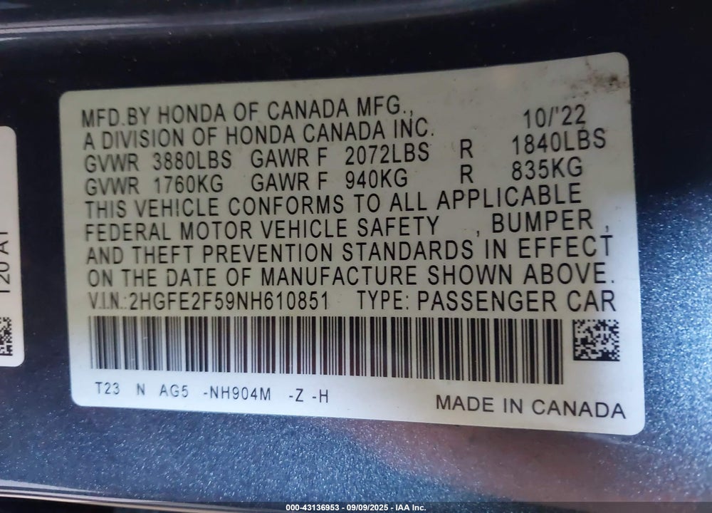 2022 HONDA CIVIC VIN: 2HGFE2F59NH610851