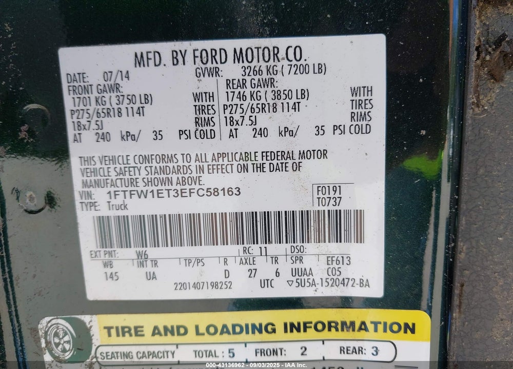 2014 FORD F-150 VIN: 1FTFW1ET3EFC58163
