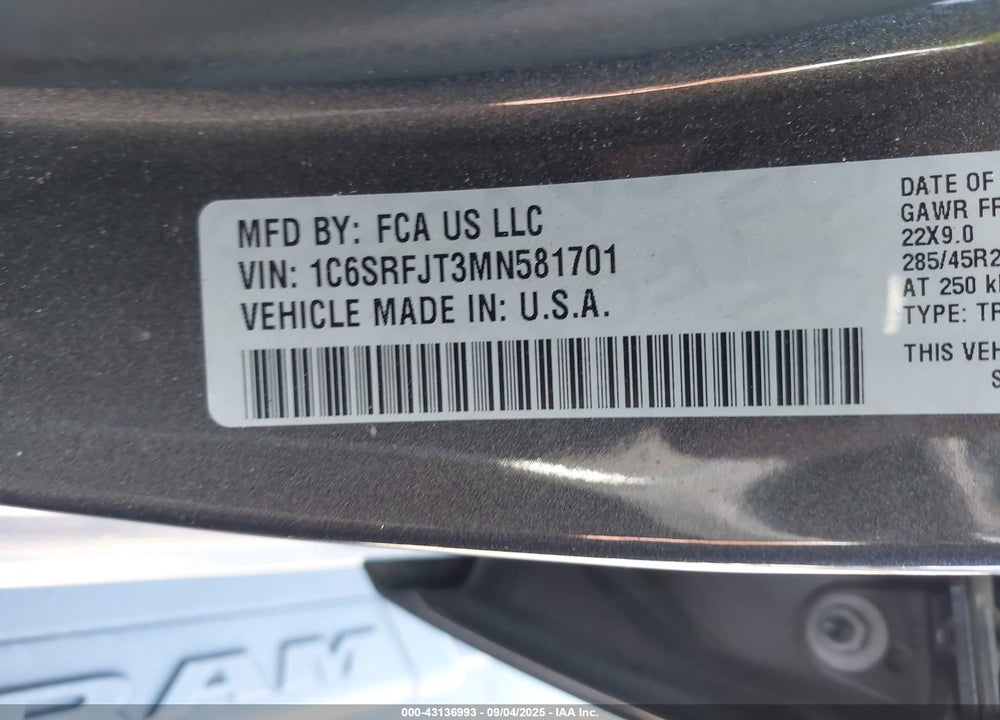 2021 RAM 1500 VIN: 1C6SRFJT3MN581701