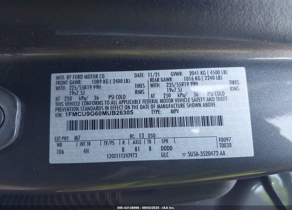 2021 FORD ESCAPE VIN: 1FMCU9G60MUB26305
