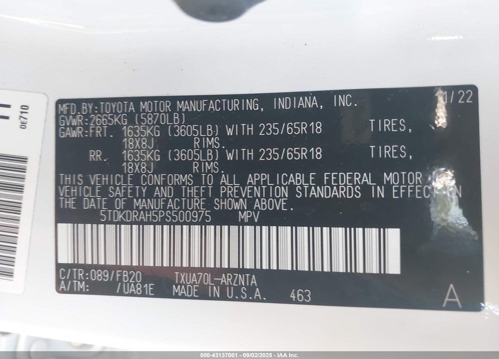 2023 TOYOTA HIGHLANDER VIN: 5TDKDRAH5PS500975