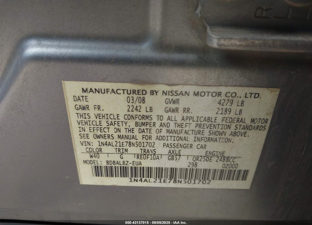 2008 NISSAN ALTIMA VIN: 1N4AL21E78N501702
