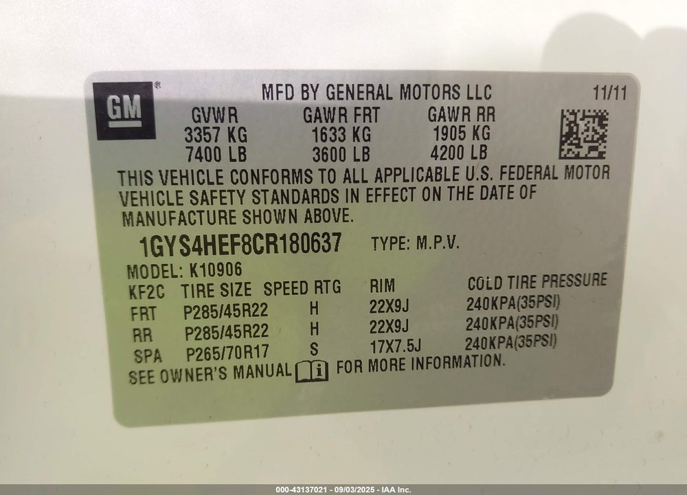 2012 CADILLAC ESCALADE ESV VIN: 1GYS4HEF8CR180637