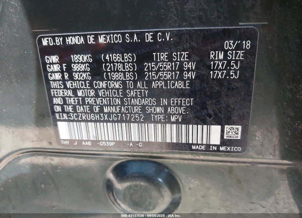 2018 HONDA HR-V VIN: 3CZRU6H3XJG717252