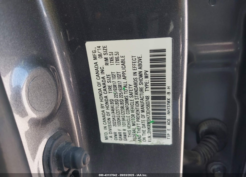 2014 HONDA CR-V VIN: 2HKRM3H73EH560748
