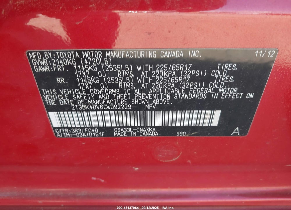2012 TOYOTA RAV4 VIN: 2T3BK4DV6CW092229