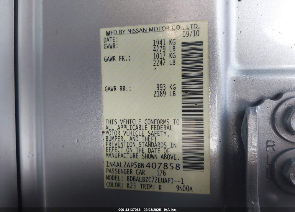 2011 NISSAN ALTIMA 2.5 S VIN: 1N4AL2AP5BN407858