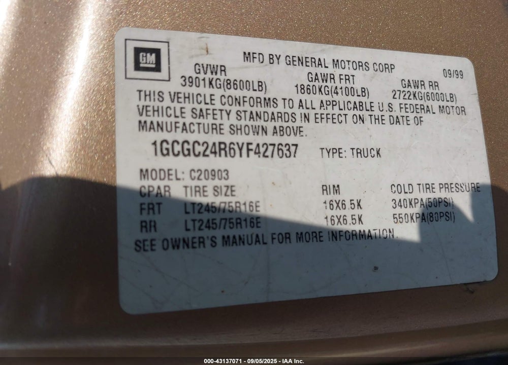 2000 CHEVROLET C2500 VIN: 1GCGC24R6YF427637