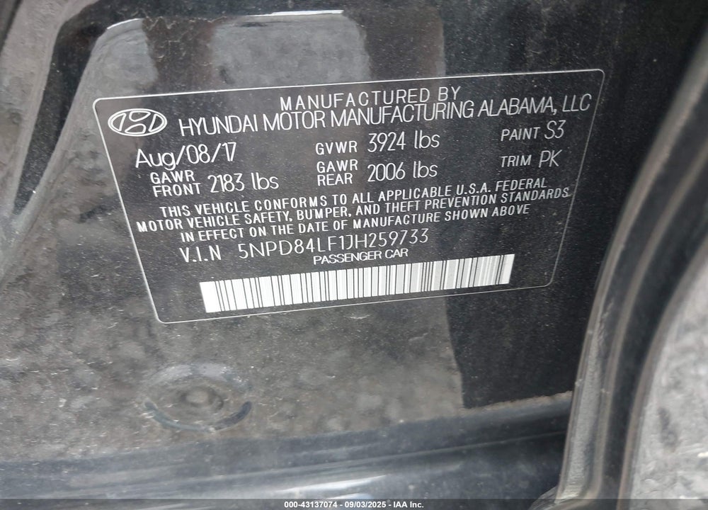 2018 HYUNDAI ELANTRA SEL VIN: 5NPD84LF1JH259733