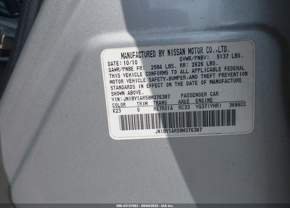 2011 INFINITI M37 VIN: JN1BY1AR5BM376387