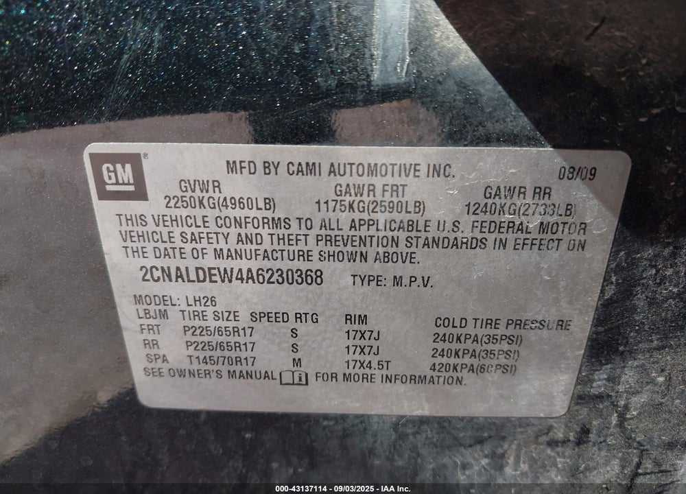 2010 CHEVROLET EQUINOX VIN: 2CNALDEW4A6230368