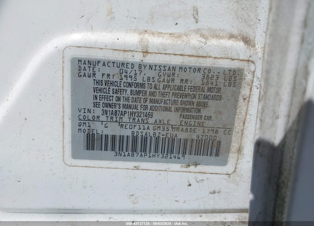 2017 NISSAN SENTRA VIN: 3N1AB7AP1HY321469